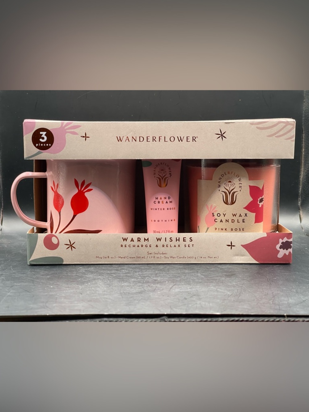 Wanderflower Pink Rose Soy Wax Candle 14oz, Mug 16oz, Hand Cream 1.7oz, Gift Set